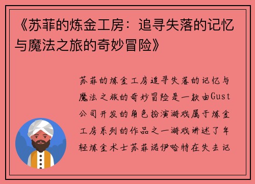 《苏菲的炼金工房：追寻失落的记忆与魔法之旅的奇妙冒险》